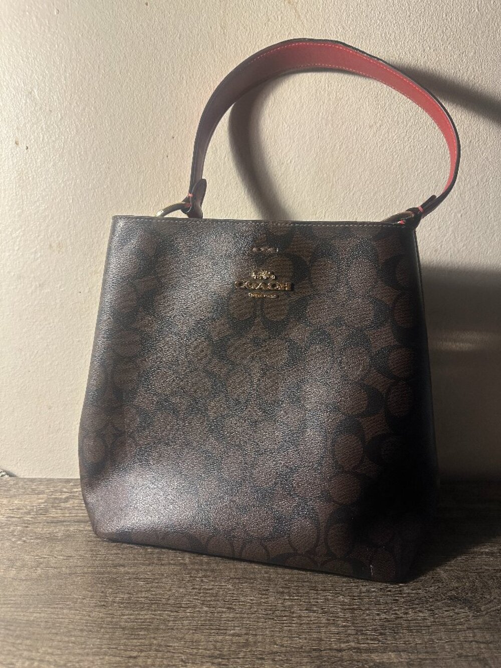 Coach Red/Brown Signature Coated Canvas and Leather Small Town Bucket Bag